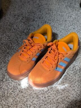 Adidas Orange Suede Platform Sneakers with Light Blue Stripes